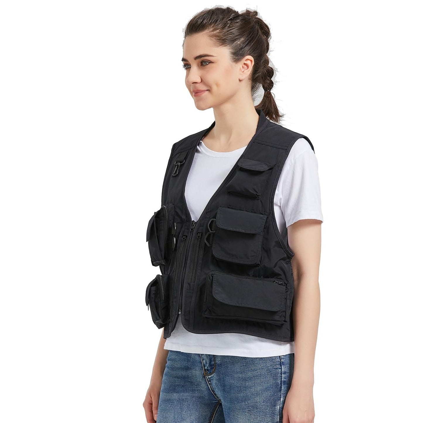 Ziker Chaleco de malla transpirable calado para mujer, chaleco de pesca, chaleco de viaje con bolsillos, Negro, L
