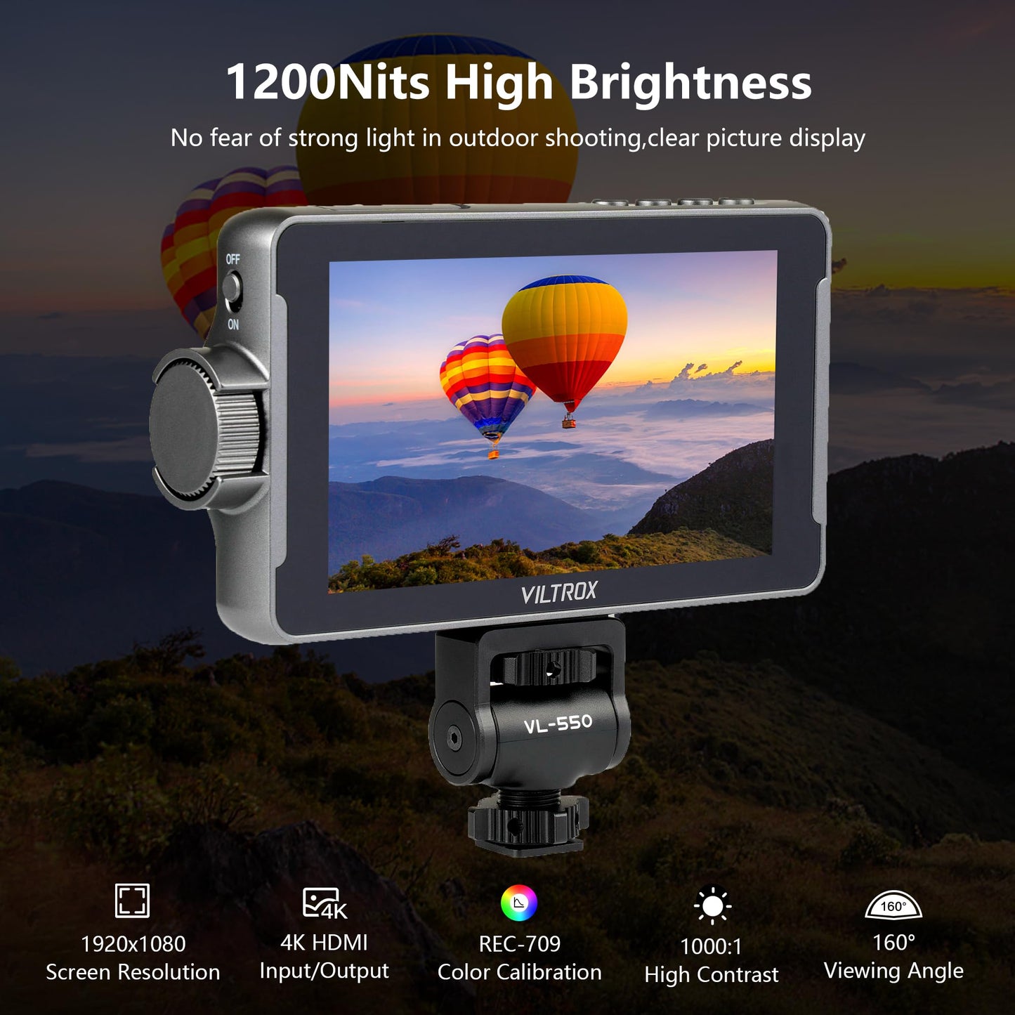 VILTROX DC-550 Monitor de Campo de la Cámara Pantalla Táctil 1200 Nits 3D LUT HDR 1920x1080 4K HDMI in and out, DC 12V 5V Tipo-C 5.5 Pulgadas Monitor de Cámara DSLR con Batería