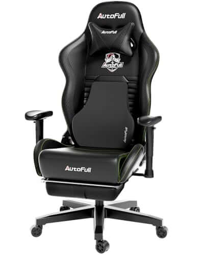 AutoFull Silla Gaming Sillón Gamer Ergonómico Silla Gamer Cuero PU Silla De Oficina, Altura del Asiento e Inclinación del Respaldo Ajustables, Reposacabezas y Soporte Lumbar, Reposapiés, Negro