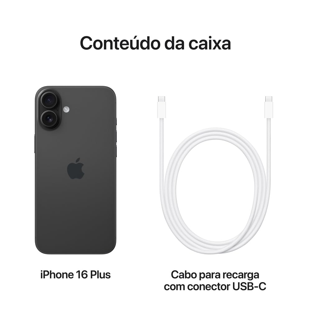 iPhone 16 Plus 256GB Preto – Tela 6,7”, Câmera Fusion 48MP, Chip A18 - Disponível AMÉRICA