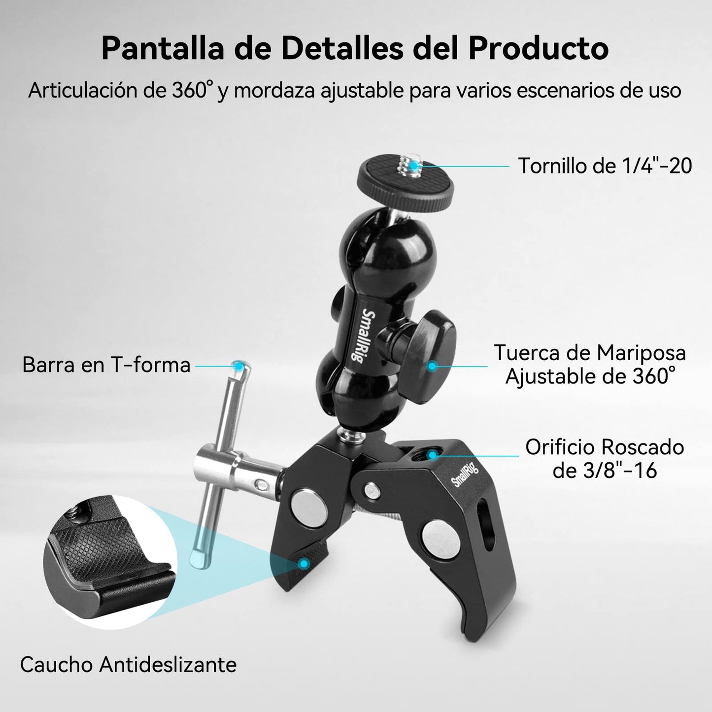 Súper Abrazadera SMALLRIG 1138B para Cámaras, Luces e Equipos - Compatível com GoPro, Câmeras de Ação e Mais