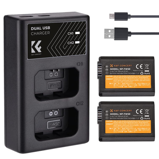K&F Concept – Kit de 2 Baterias NP-FW50 (1100mAh) + Carregador USB para Sony Alpha