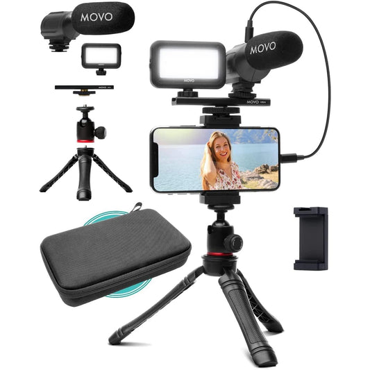 Movo iVlogger Kit para iPhone: Kit de Vlogging Compatible con Lightning - Accesorios: Micrófono Direccional, Luz LED, Trípode y Soporte para teléfono - para Youtube