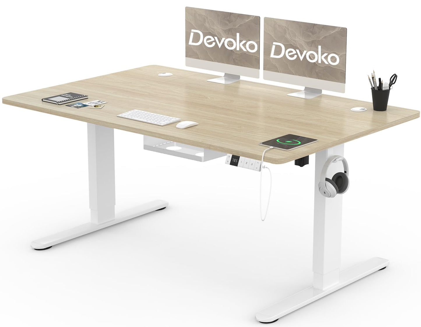 Devoko 140x80cm Escritorio Elevable Eléctrico de Carga Tipo A, Escritorio para Computadora Ajustable en Altura con Bandeja de Gestión de Cables y Memoria de 3 Funciones