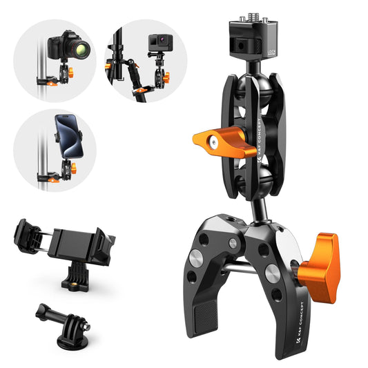 K&F Concept Super Clamp com Magic Arm – Suporte para Câmeras, Iluminação, Microfones e Mais, Carga Máxima 5kg, 1/4” Rosca, Adaptador GoPro e Suporte para Celular