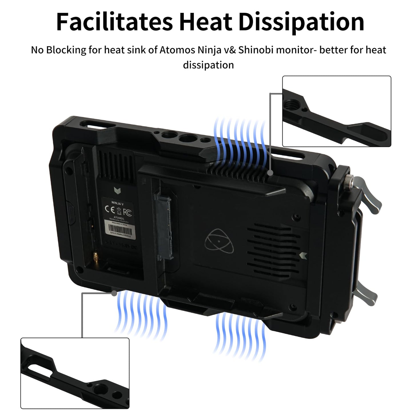 ANDYCINE Jaula de Monitor Ninja V Plus con Parasol para Atomos Ninja, Ninja Ultra, Ninja V/Ninja V+, Atomos Shinobi, rieles NATO Integrados y Abrazadera de Cable HDMI