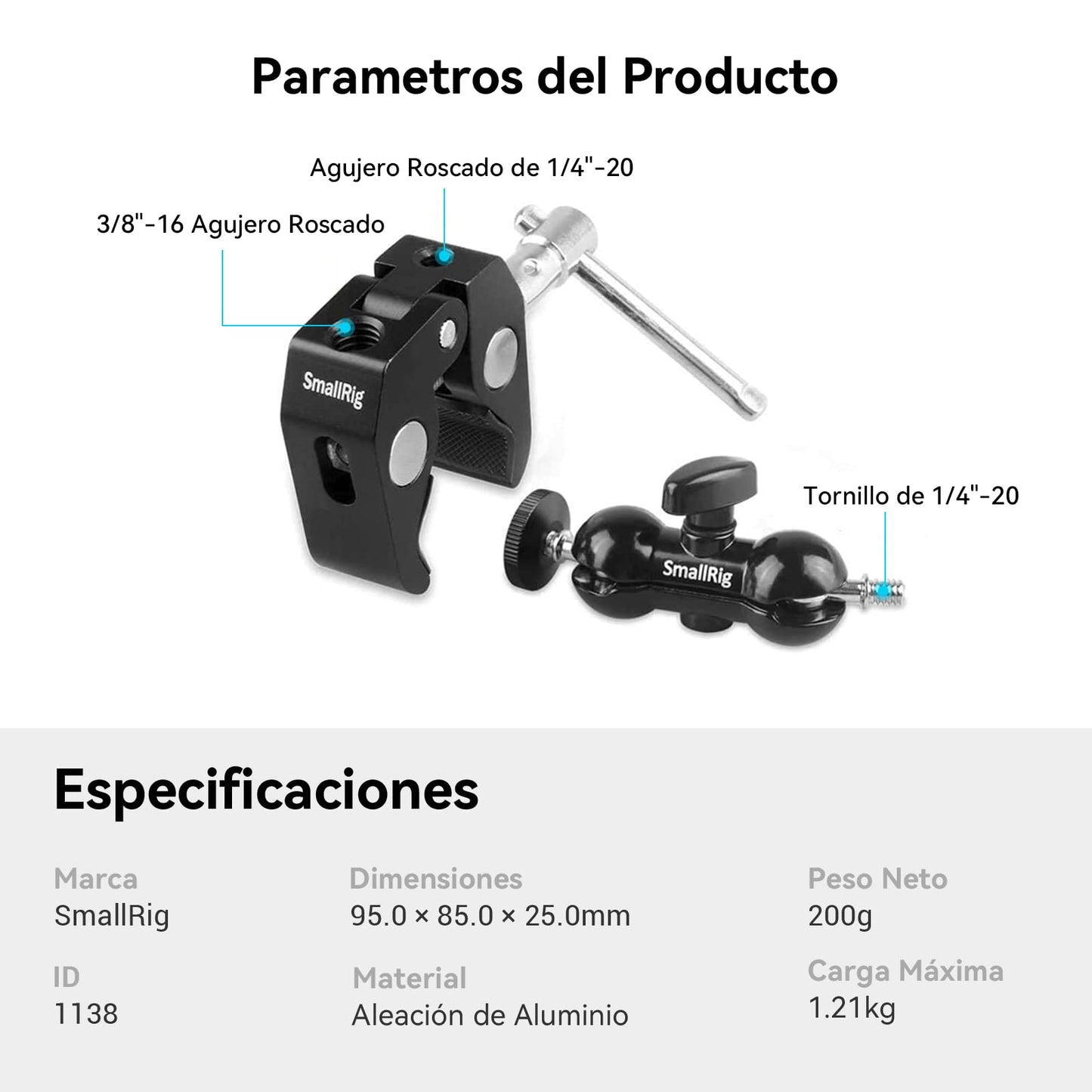 Súper Abrazadera SMALLRIG 1138B para Cámaras, Luces e Equipos - Compatível com GoPro, Câmeras de Ação e Mais