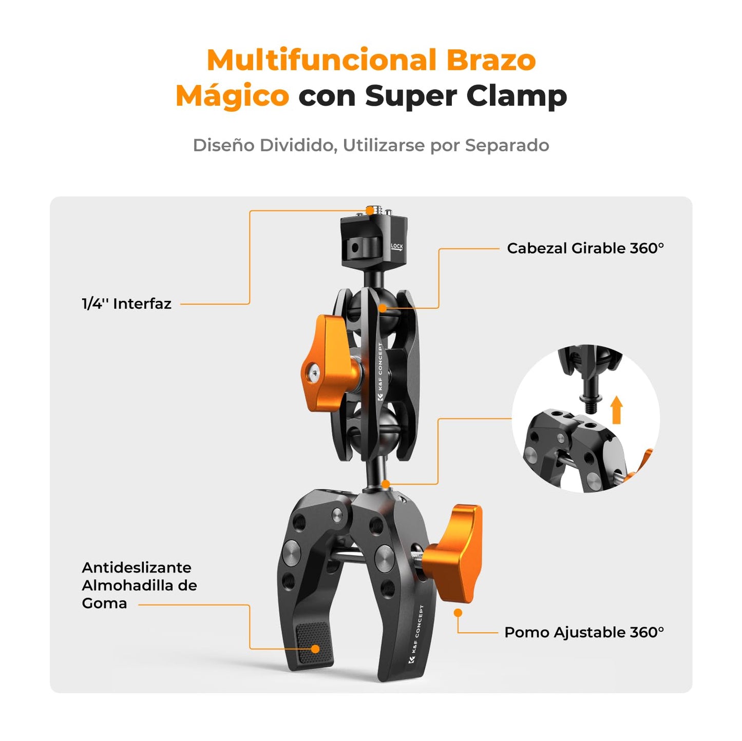 K&F Concept Super Clamp com Magic Arm – Suporte para Câmeras, Iluminação, Microfones e Mais, Carga Máxima 5kg, 1/4” Rosca, Adaptador GoPro e Suporte para Celular