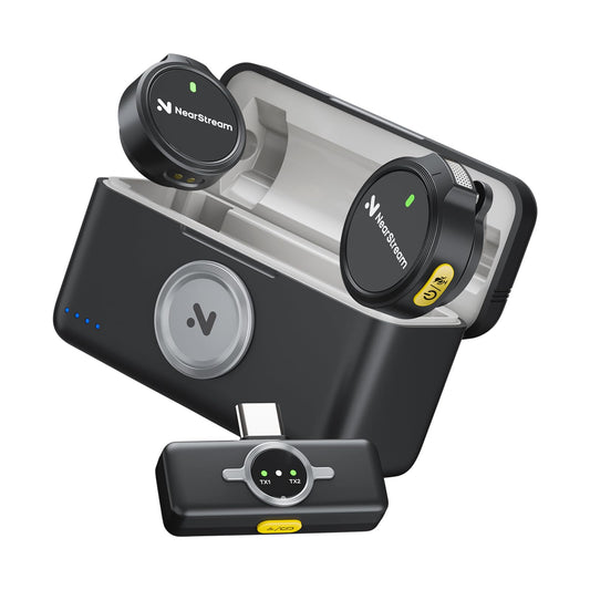 NearStream AWM25T - Microfone de Lapela Sem Fio | Kit Duplo, 50m de Alcance, Estojo de Carga - Disponível EUROPA