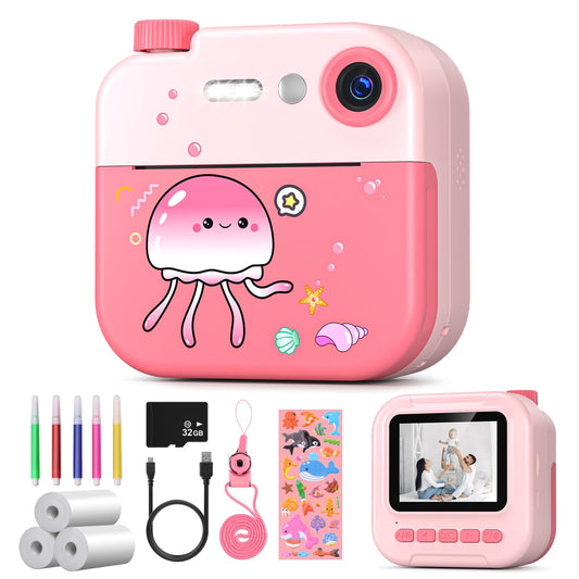 Camara Fotos Infantil Instantanea, Kaishengyuan Camara de Fotos para Niños 2.4" 1080P con Tarjeta SD de 32GB,Bolígrafos de Colores y Papel de Impresión,Regalos Juguete (Rosa)