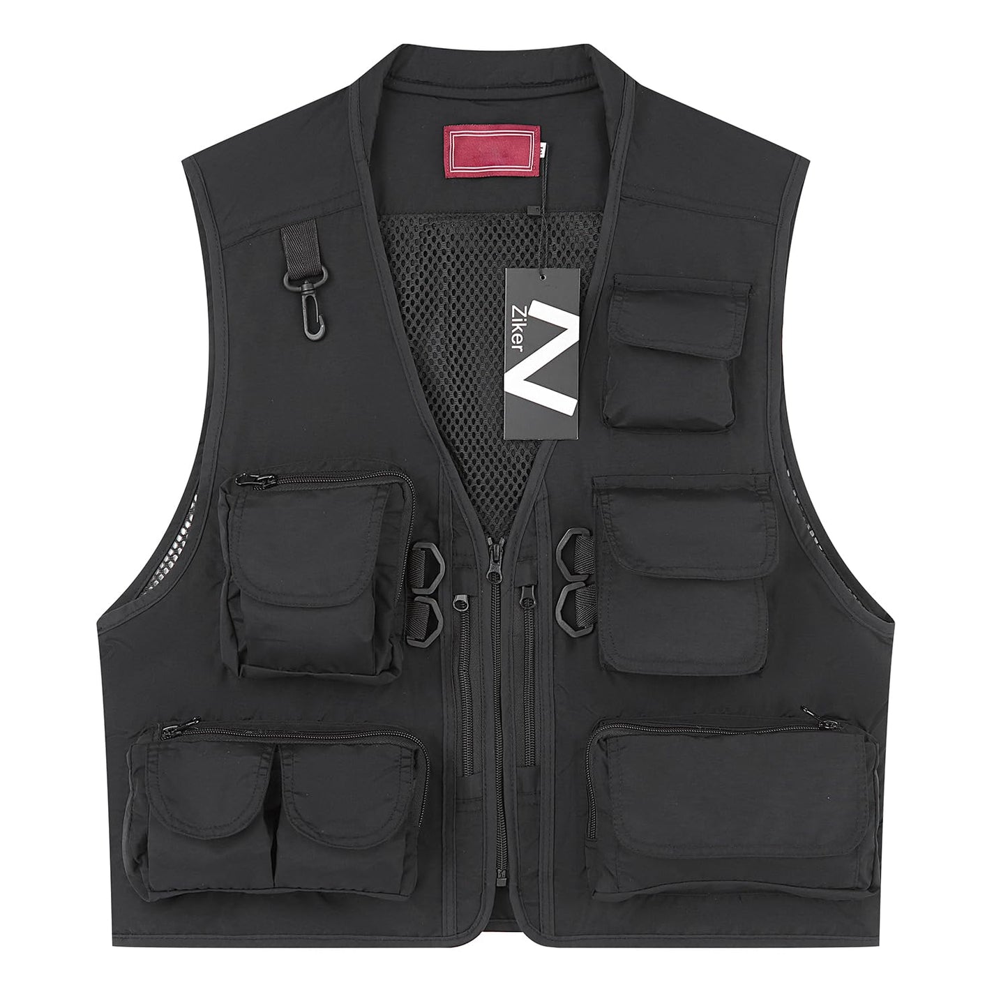 Ziker Chaleco de malla transpirable calado para mujer, chaleco de pesca, chaleco de viaje con bolsillos, Negro, L