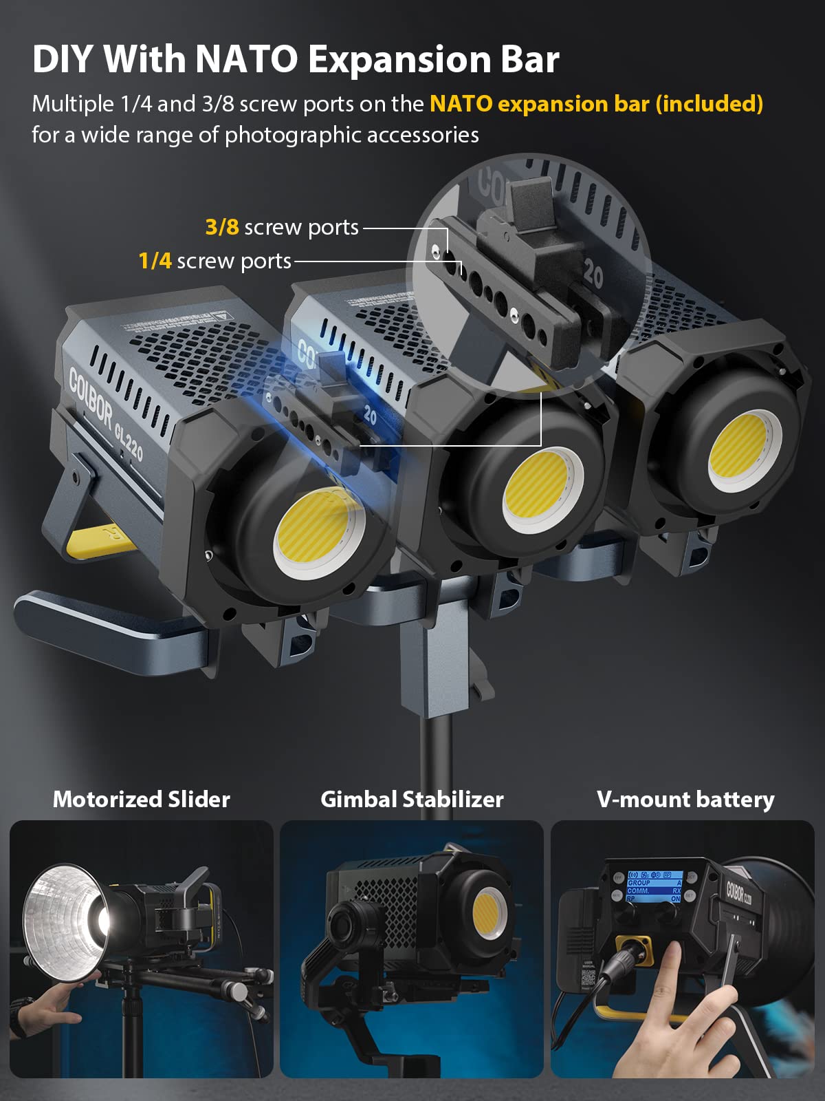 Luz de Vídeo COLBOR CL220 LED 220W com Controle Remoto - Temperatura de Cor 2700K-6500K, Efeitos Especiais e Montura Bowens