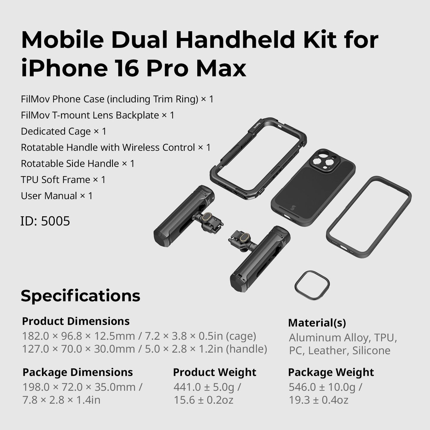 SMALLRIG Kit portátil duplo para celular para iPhone 16 Pro Max, equipamento de telefone com alça lateral de liberação rápida sem fio para gravação de vídeo/YouTube/transmissão ao vivo/Vlog - 5005 - Disponível AMÉRICA