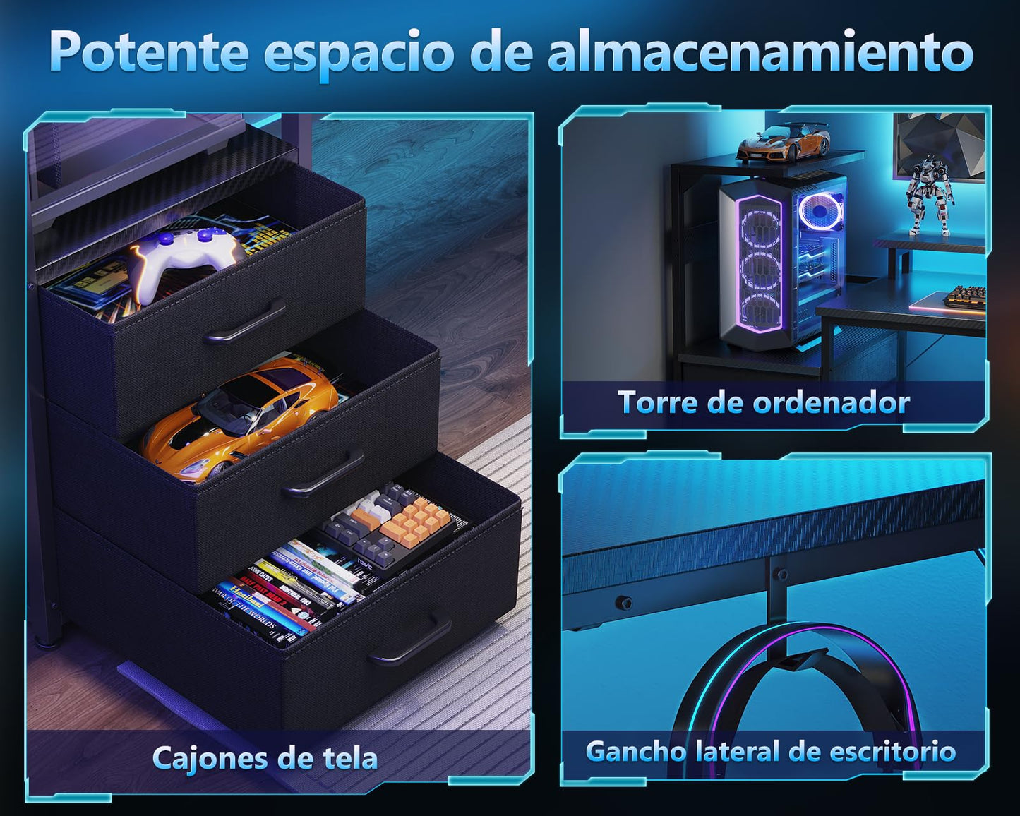 Coleshome Mesa Gaming con Luces LED y Tomas de Corriente, Escritorio Gaming Reversible con Cajones, Mesa Gamer con Estantes de Almacenamiento y Soporte de Pantalla, Fibra de Carbono Negro, 151×50 cm