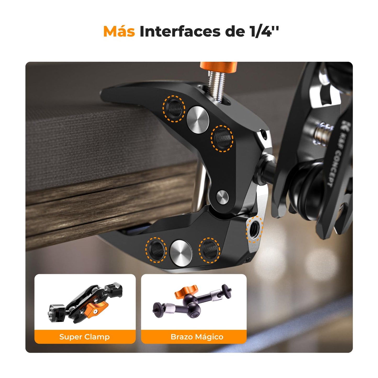 K&F Concept Super Clamp com Magic Arm – Suporte para Câmeras, Iluminação, Microfones e Mais, Carga Máxima 5kg, 1/4” Rosca, Adaptador GoPro e Suporte para Celular