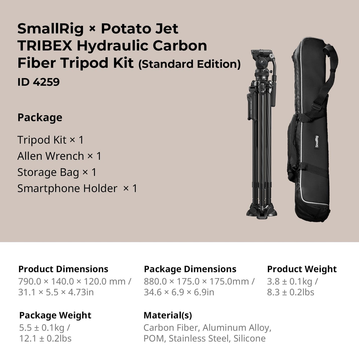 SMALLRIG x Potato Jet Tribex Kit de Trípode Hidráulico de Fibra de Carbono, Trípode para Cámara de Video de Extensión Rápida con Cabezal Fluido de Contrapeso de 4 Pasos (Serie Origin) - 4259