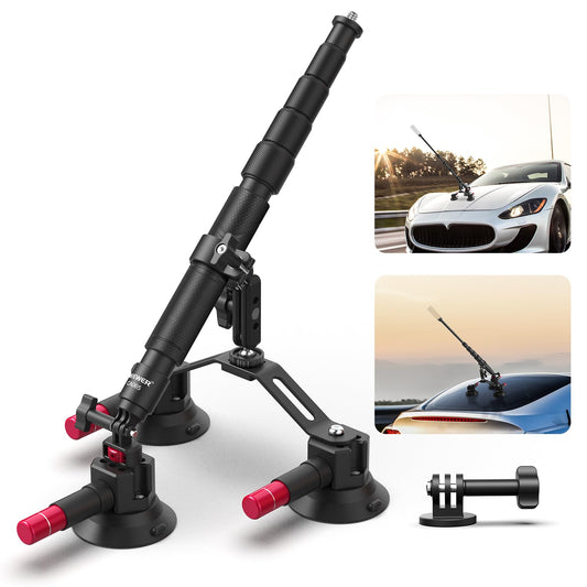 NEEWER Kit de Montagem para Carro com Triple Ventosa – Suporte para Câmera de Ação, Ângulos Flexíveis e Extensão de Poste Telescópico