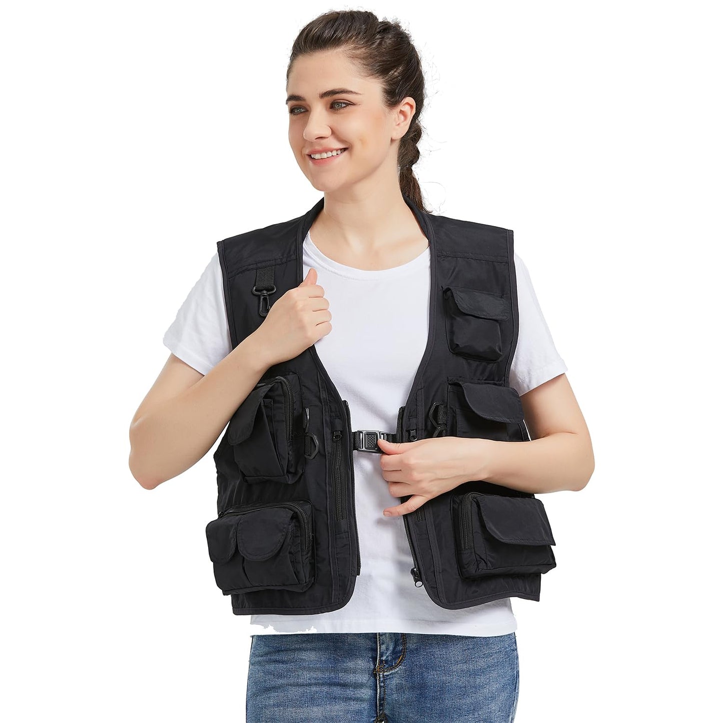 Ziker Chaleco de malla transpirable calado para mujer, chaleco de pesca, chaleco de viaje con bolsillos, Negro, L