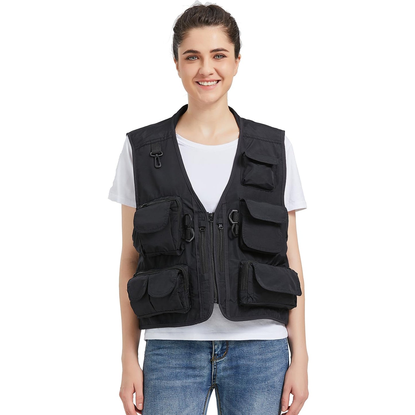 Ziker Chaleco de malla transpirable calado para mujer, chaleco de pesca, chaleco de viaje con bolsillos, Negro, L