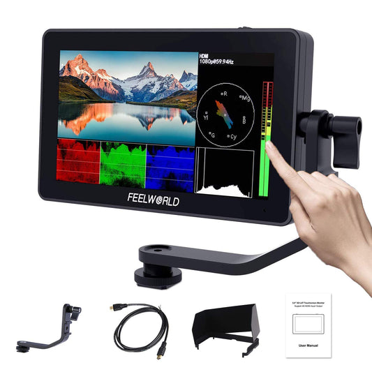 Feelworld F6 Plus 6 Pulgadas On Camera Field Monitor DSLR Cámara Pantalla Táctil HDR 3D Lut Waveform Full HD 1920x1080 IPS Video Peaking Focus Assist con 4K HDMI Tipo C 8.4V DC Output