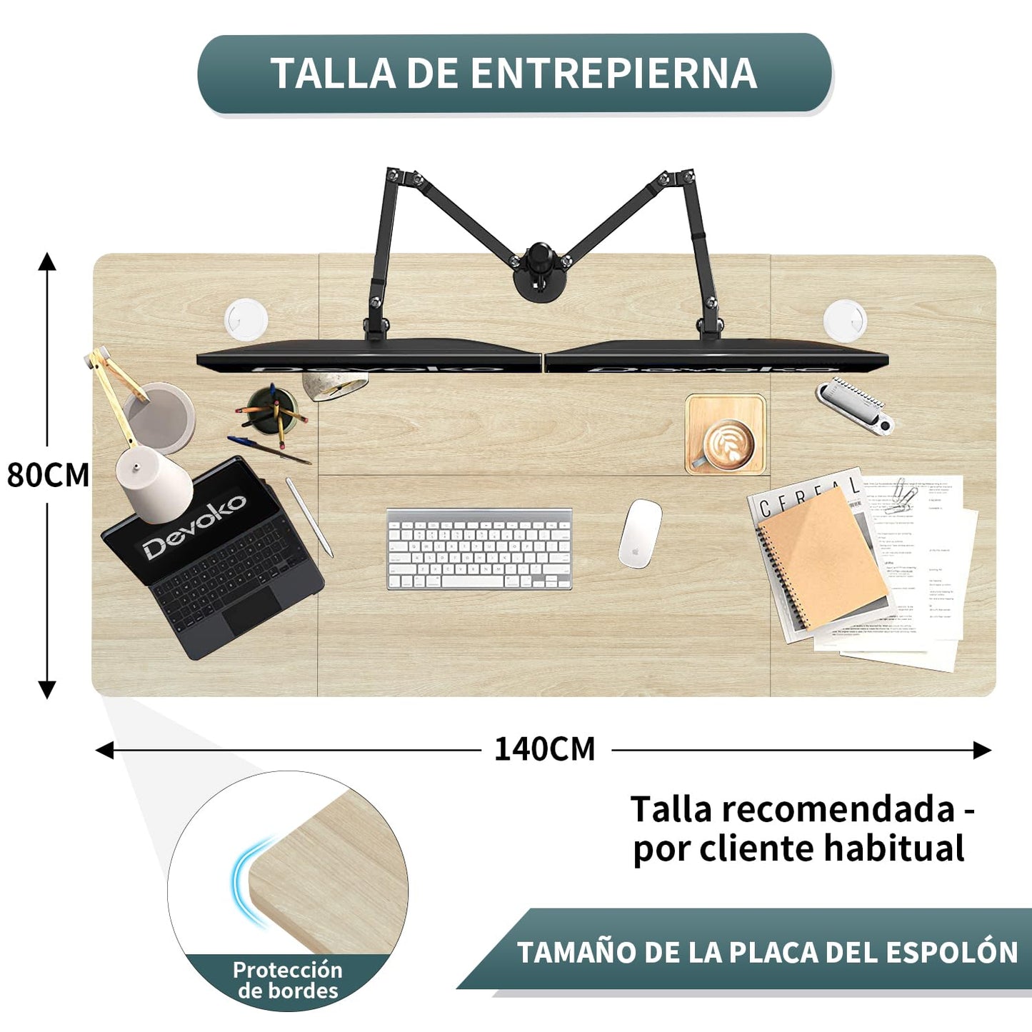 Devoko 140x80cm Escritorio Elevable Eléctrico de Carga Tipo A, Escritorio para Computadora Ajustable en Altura con Bandeja de Gestión de Cables y Memoria de 3 Funciones