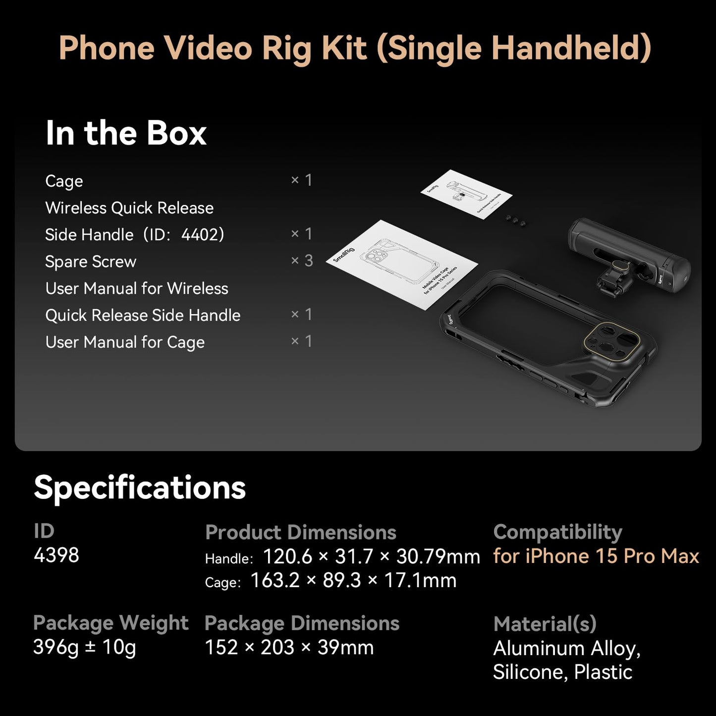 SMALLRIG Kit de gaiola de telefone portátil única para iPhone 15 Pro, kit de gaiola de vídeo móvel com alça de liberação rápida sem fio para gravação de vídeo/YouTube/transmissão ao vivo/Vlog - 4398 - Disponível AMÉRICA