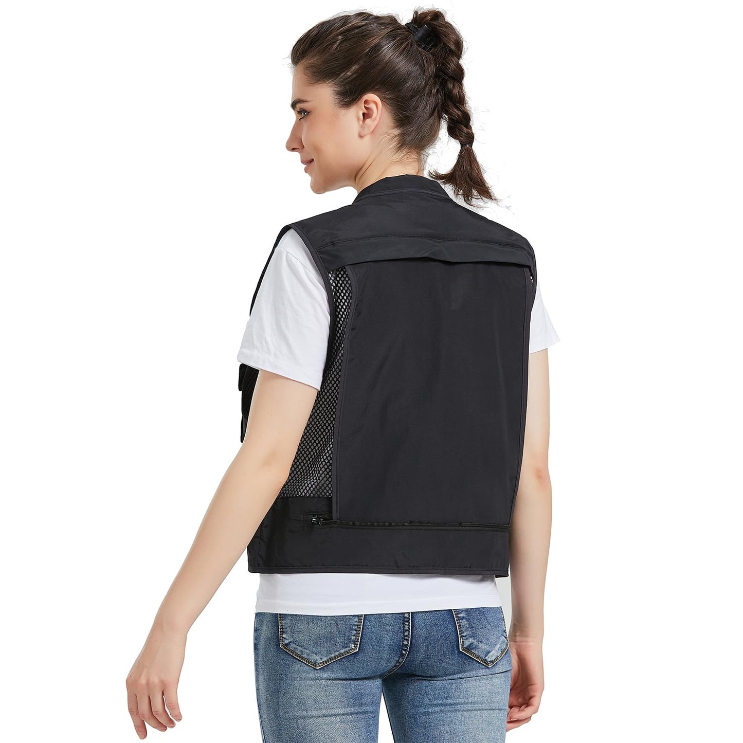 Ziker Chaleco de malla transpirable calado para mujer, chaleco de pesca, chaleco de viaje con bolsillos, Negro, L