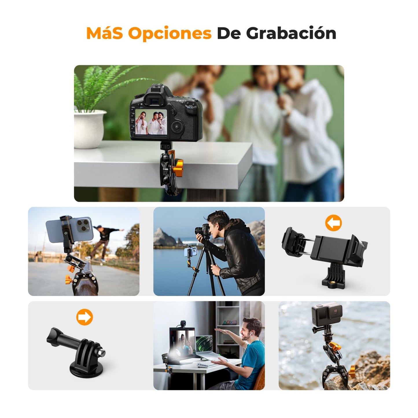 K&F Concept Super Clamp com Magic Arm – Suporte para Câmeras, Iluminação, Microfones e Mais, Carga Máxima 5kg, 1/4” Rosca, Adaptador GoPro e Suporte para Celular