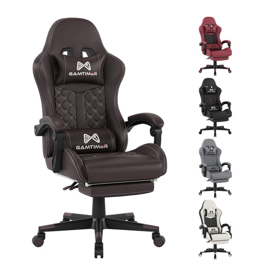 Silla para juegos, silla de oficina con reposapiés, silla reclinable de 155°, silla ergonómica de respaldo alto con reposacabezas y soporte lumbar para adultos y niños (marrón)