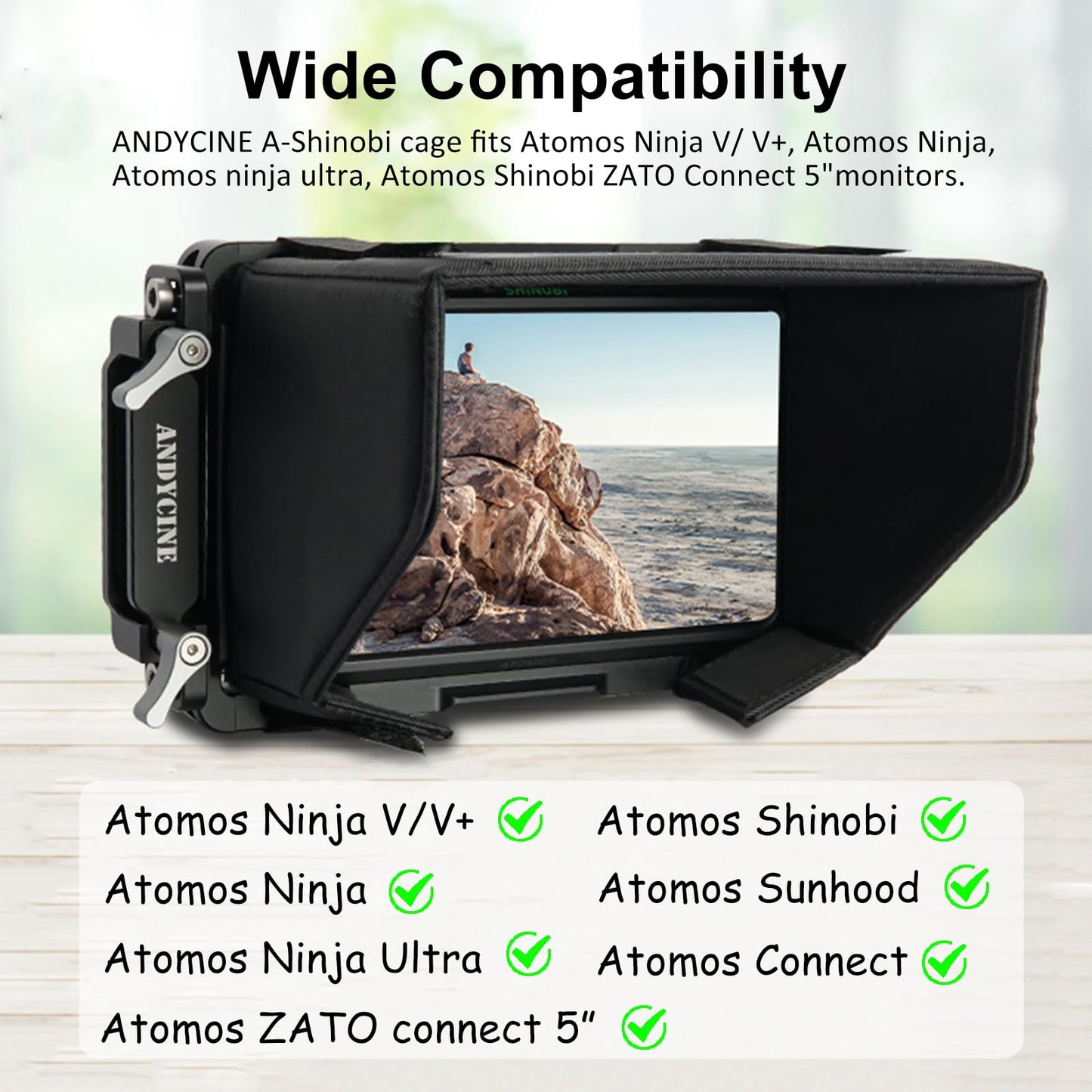 ANDYCINE Jaula de Monitor Ninja V Plus con Parasol para Atomos Ninja, Ninja Ultra, Ninja V/Ninja V+, Atomos Shinobi, rieles NATO Integrados y Abrazadera de Cable HDMI