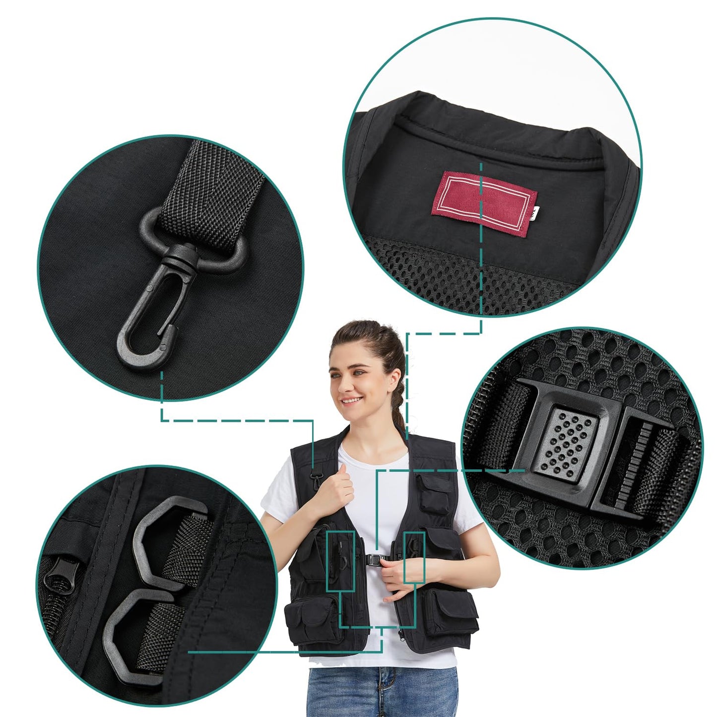 Ziker Chaleco de malla transpirable calado para mujer, chaleco de pesca, chaleco de viaje con bolsillos, Negro, L