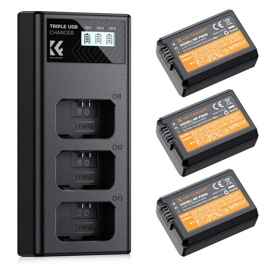 K&F Concept – Kit de 3 Baterías NP-FW50 (1100mAh) + Cargador LCD de 3 Ranuras para Sony