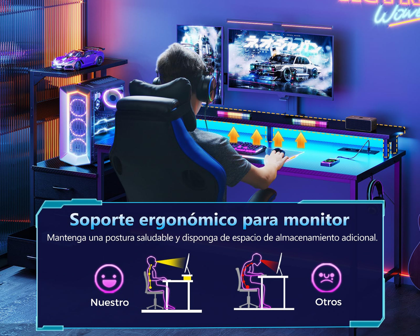 Coleshome Mesa Gaming con Luces LED y Tomas de Corriente, Escritorio Gaming Reversible con Cajones, Mesa Gamer con Estantes de Almacenamiento y Soporte de Pantalla, Fibra de Carbono Negro, 151×50 cm
