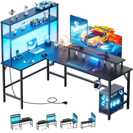 HLFURNIEU Mesa Gaming LED 150 x 100 cm, Escritorio Gaming en L con Enchufes y Puertos USB, Escritorio Esquinero con Estanteria, Mesa Gamer con Soporte para Monitor, Mesa Oficina Negro