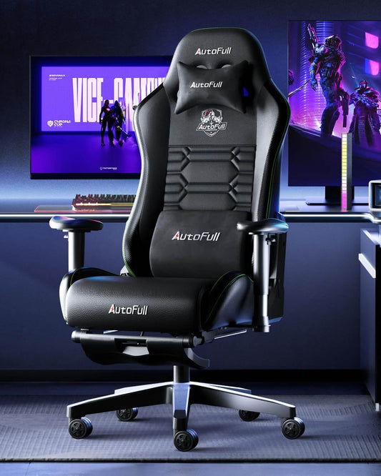 AutoFull C3 Silla Gaming Silla Gamer Ergonómica Silla Oficina Cuero de PU Silla,Altura e inclinación Ajustables,Reposacabezas y Soporte Lumbar,Reposapiés(Garantía de 3 años) (Negro-1)