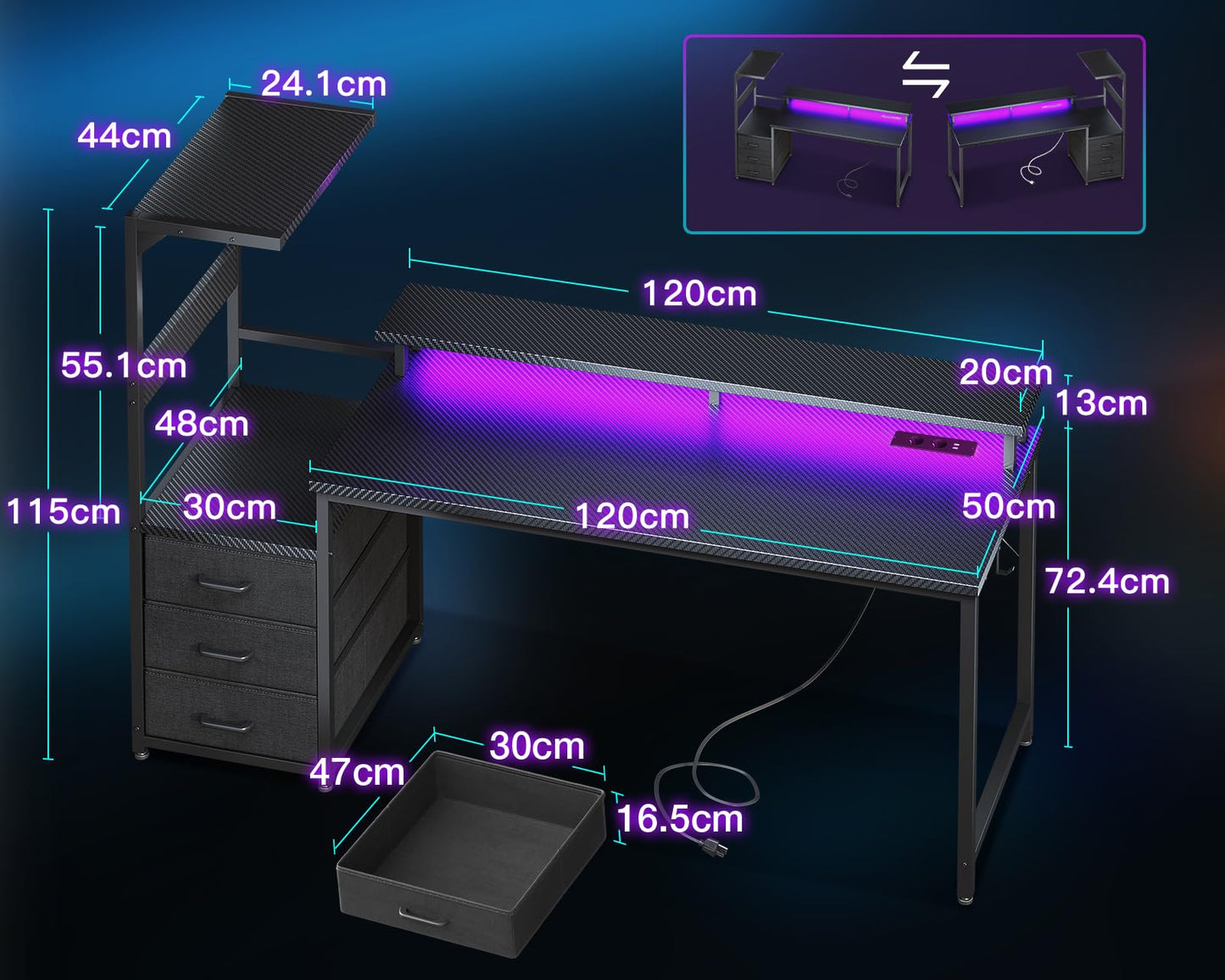 Coleshome Mesa Gaming con Luces LED y Tomas de Corriente, Escritorio Gaming Reversible con Cajones, Mesa Gamer con Estantes de Almacenamiento y Soporte de Pantalla, Fibra de Carbono Negro, 151×50 cm