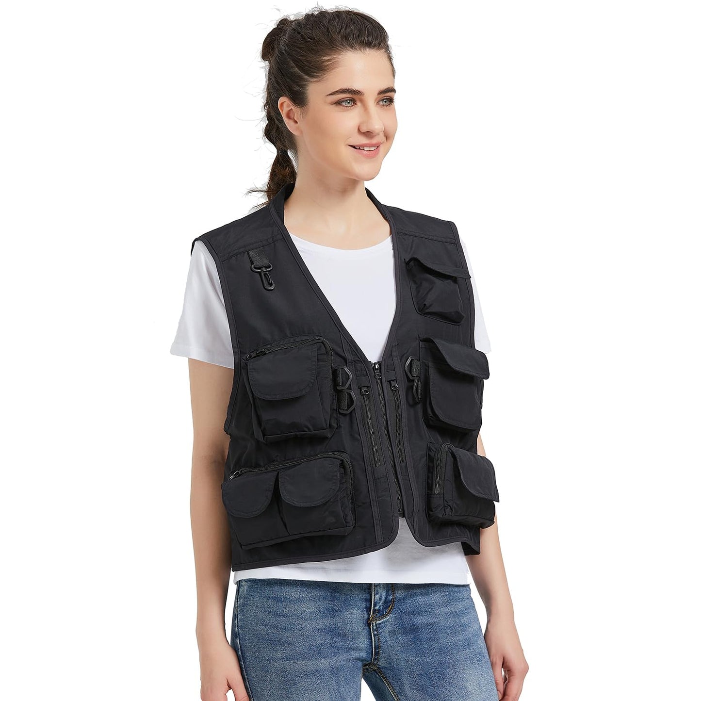 Ziker Chaleco de malla transpirable calado para mujer, chaleco de pesca, chaleco de viaje con bolsillos, Negro, L