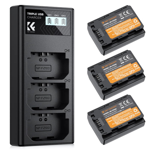 K&F Concept – Kit com 3 Baterias NP-FZ100 (2280mAh) + Carregador Triplo LCD para Sony A7III, A7IV, A7RIII, A9, FX3