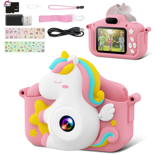 CAMCLID Camara Fotos Infantil, 2,0 Pulgadas Camara de Fotos para Niños, 1080P Selfie Cámara Digital para Niños con Tarjeta de 32 GB, Niños y Niñas de 3-12 Años (Rosa)