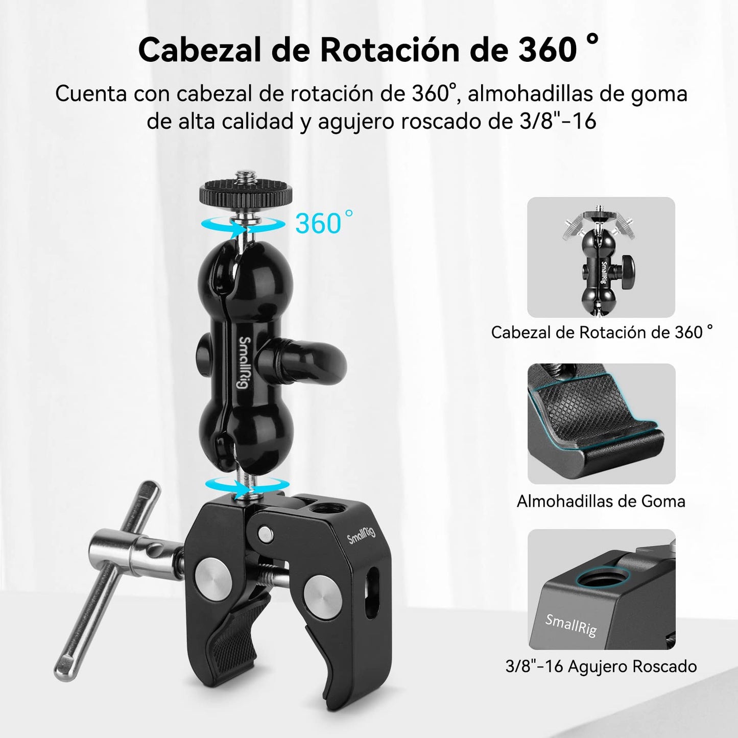 Súper Abrazadera SMALLRIG 1138B para Cámaras, Luces e Equipos - Compatível com GoPro, Câmeras de Ação e Mais