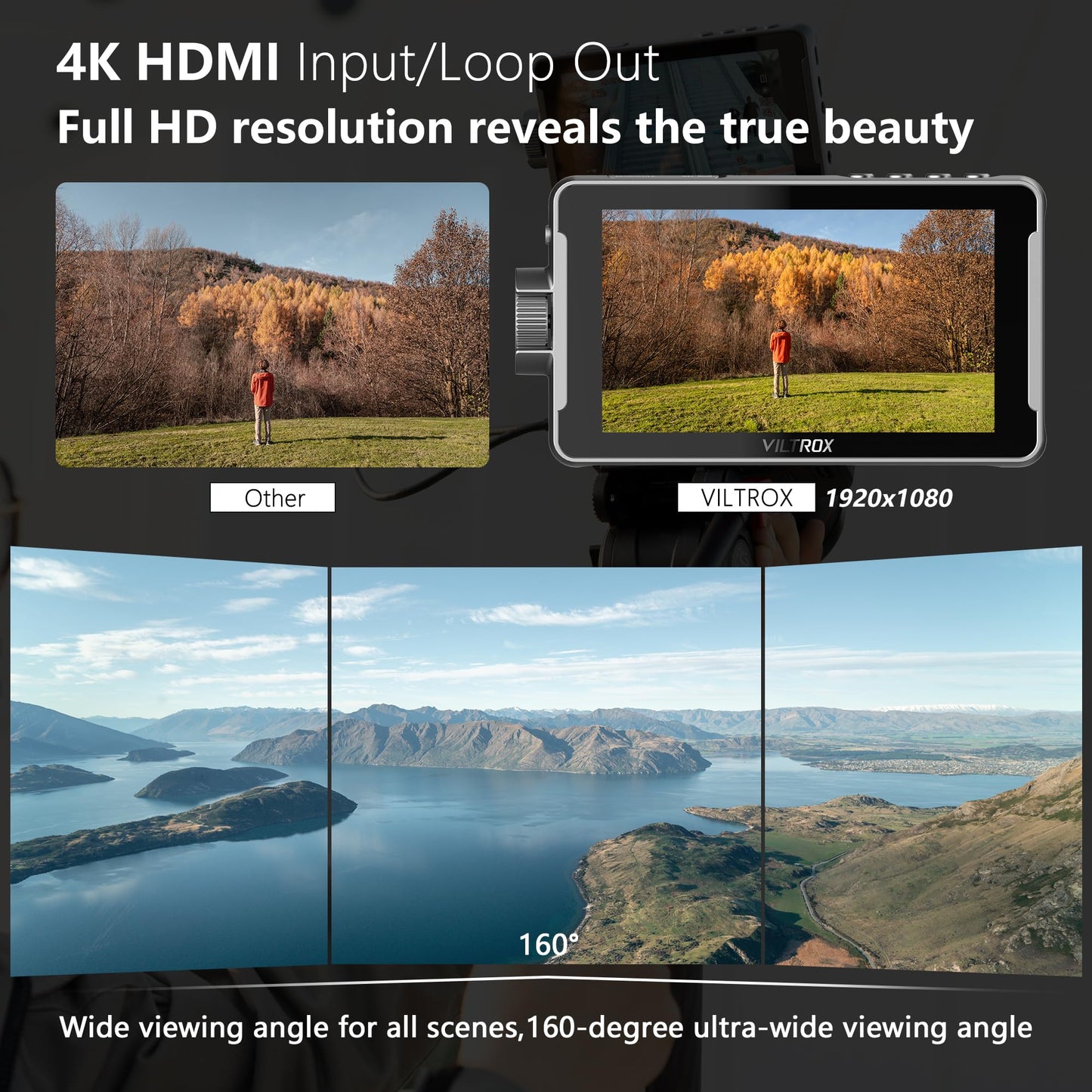 VILTROX DC-550 Monitor de Campo de la Cámara Pantalla Táctil 1200 Nits 3D LUT HDR 1920x1080 4K HDMI in and out, DC 12V 5V Tipo-C 5.5 Pulgadas Monitor de Cámara DSLR con Batería