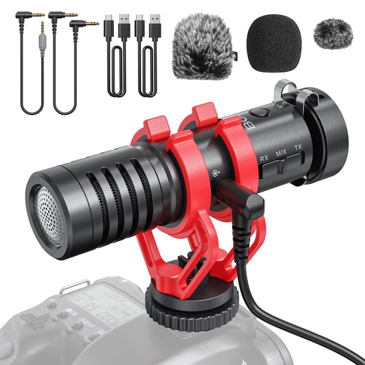 BOYA Microfone de lapela sem fio para câmera de PC, microfone shotgun com suporte de choque, microfone sem fio de lapela de 2,4 GHz para iPhone, telefone, DSLR, YouTube, gravação de entrevistas - Disponível AMÉRICA