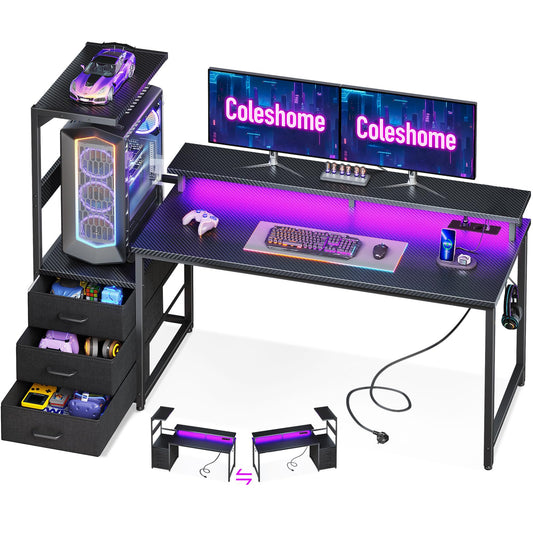 Coleshome Mesa Gaming con Luces LED y Tomas de Corriente, Escritorio Gaming Reversible con Cajones, Mesa Gamer con Estantes de Almacenamiento y Soporte de Pantalla, Fibra de Carbono Negro, 151×50 cm
