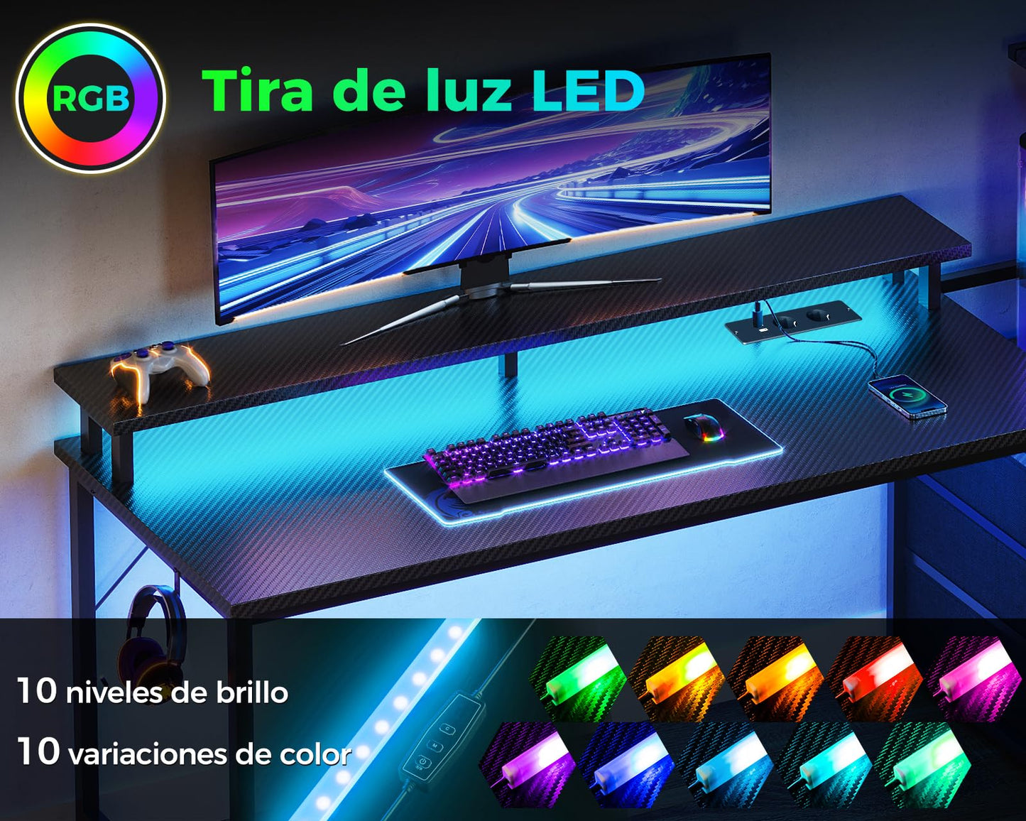 Coleshome Mesa Gaming con Luces LED y Tomas de Corriente, Escritorio Gaming Reversible con Cajones, Mesa Gamer con Estantes de Almacenamiento y Soporte de Pantalla, Fibra de Carbono Negro, 151×50 cm
