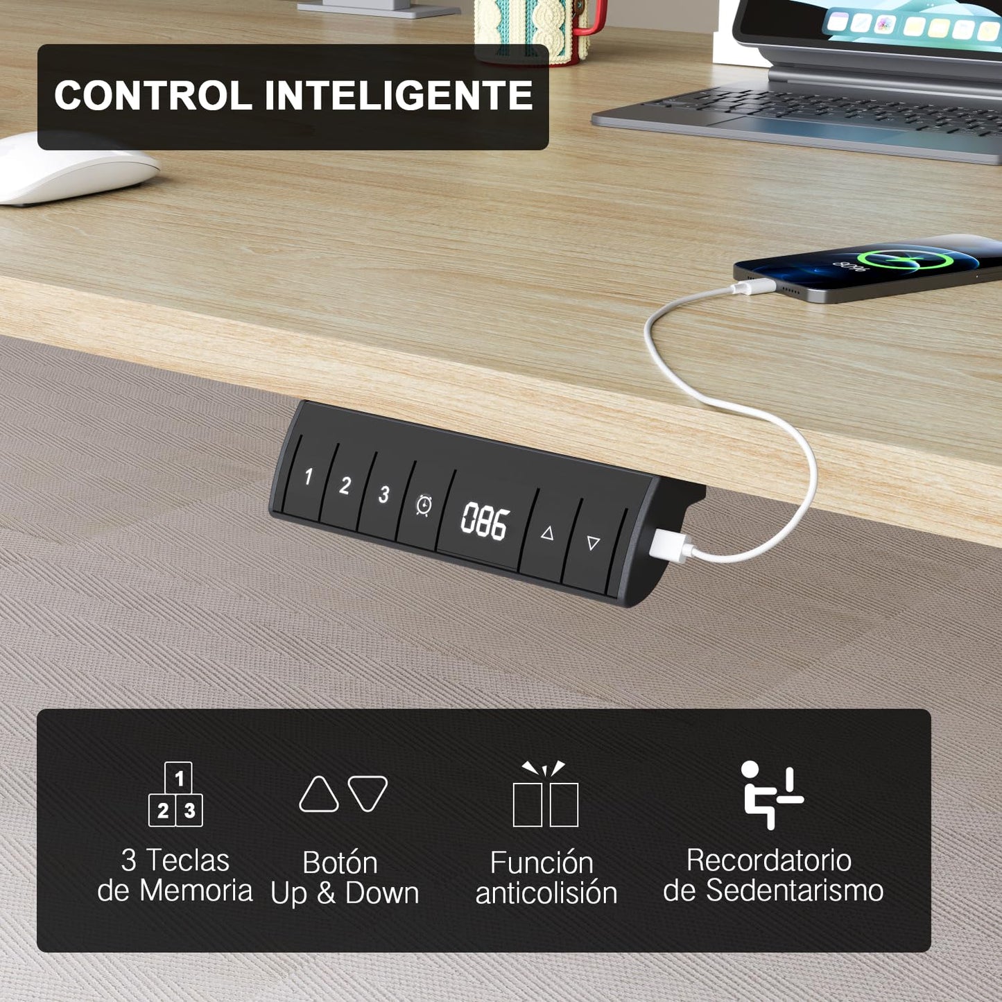 Devoko 140x80cm Escritorio Elevable Eléctrico de Carga Tipo A, Escritorio para Computadora Ajustable en Altura con Bandeja de Gestión de Cables y Memoria de 3 Funciones