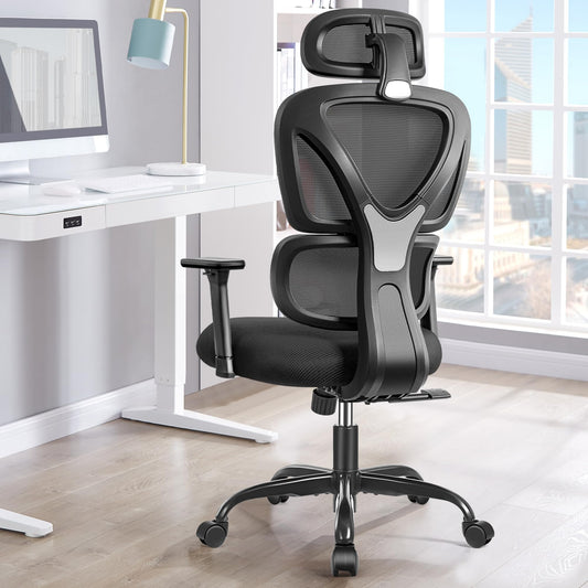 KERDOM Sillas Ergonomicas Oficina, Silla de Escritorio con Soporte Lumbar,Reposacabezas Ajustable, Reposabrazos, Silla 360° Giratoria para computadora,Negro